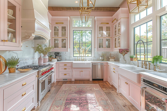 interior of a trendy pink kitchen. close up elements of modern kitchen shelves, sink. AI Generated.