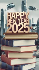 New Year's 2025 card: books, robot, and futuristic city