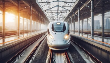 Front view of a high speed train coming toward the camera,