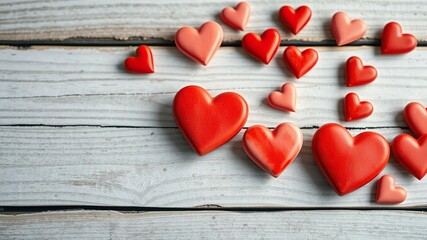 Fototapeta premium A delicate arrangement of small watercolor hearts in various shades of red on a distressed wooden surface, feminine touch, nature inspired