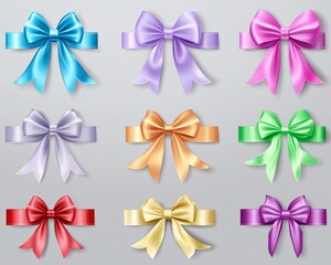 Collection set of many colorful satin gift ribbons and bows, Christmas or birthday or Valentines Day holiday celebration