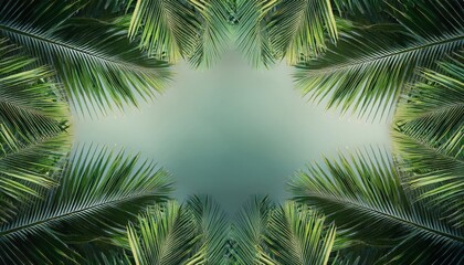 A close up of a palm tree with a blue sky in the background, frame , space for text