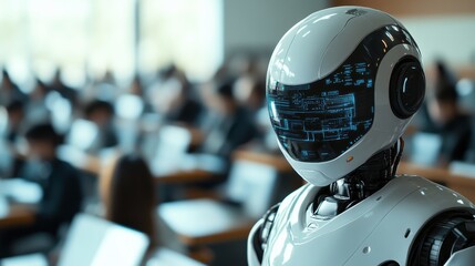 Humanoid robot teacher in hightech college classroom setting