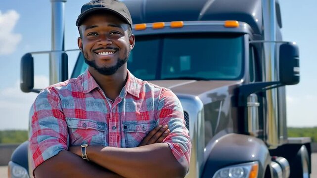 Smiling truck driver stands proudly in front of a large truck on a sunny day in the countryside