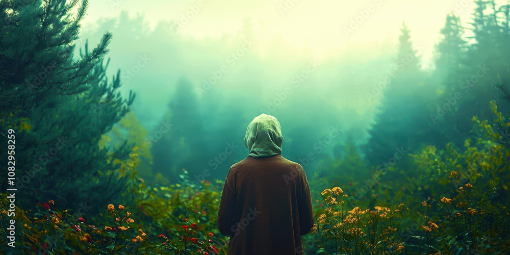 Poster a person is standing in a forest with a hood on