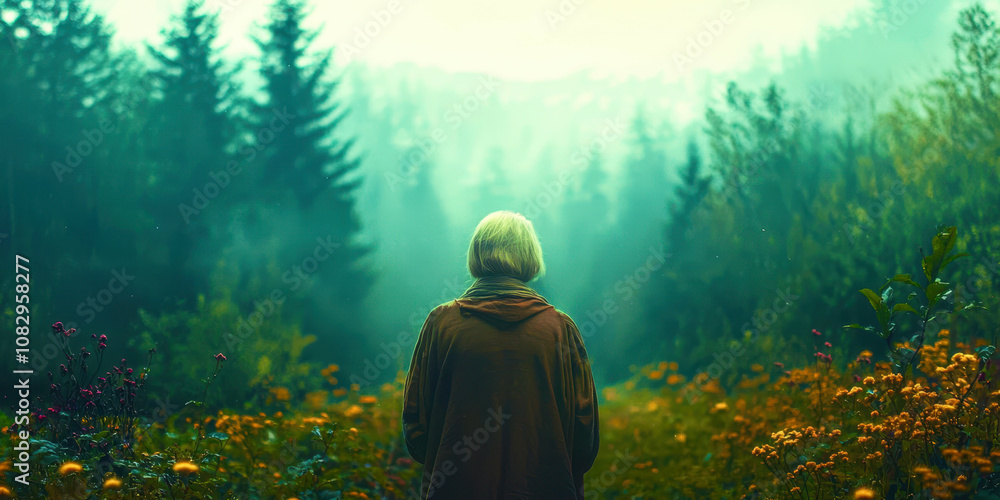 Poster a person is walking through a forest with trees and flowers
