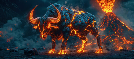 A bull with horns is standing in front of a volcano