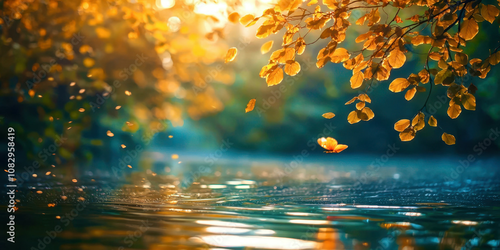 Poster a butterfly is flying over a body of water with leaves floating on the surface