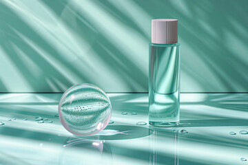 tube with serum, bottle with lotion, perfume. close up cosmetic product against blue background. cosmetics. AI Generated