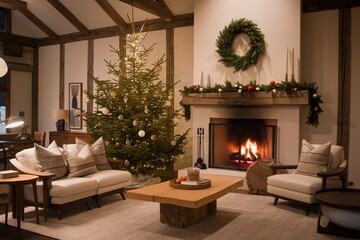 Fototapeta premium Cozy Christmas Living Room: A rustic-chic living room scene, featuring a beautifully decorated Christmas tree, a crackling fireplace, and comfortable seating.