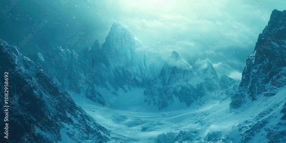 Poster a mountain range covered in snow with a blue sky in the background