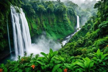 Naklejka premium Twin waterfalls cascade down lush green cliffs into a misty valley.