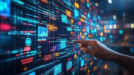 Fototapeta premium Interactive holographic project management display digital workspace infographic tech environment close-up view resource optimization