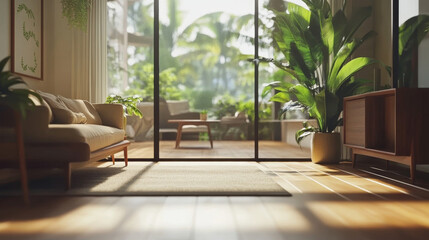 "3D rendering animation of a modern tropical-style apartment interior with laminate wood flooring and large windows. The camera passes through the living room, dining room, kitchen,