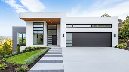 Modern white house with a gray garage door and a walkway leading to the front door.