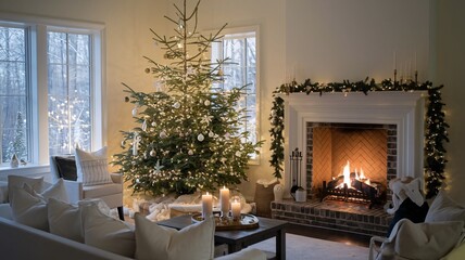 Fototapeta premium Cozy Christmas Living Room: Warm glow of the fireplace and twinkling lights on the Christmas tree creating a inviting atmosphere in a beautifully decorated living room.