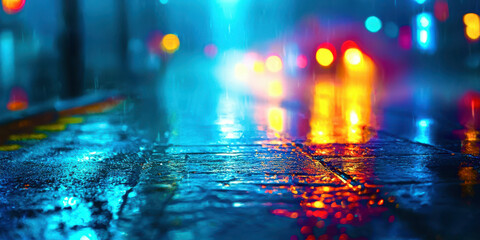 A blurry image of a wet street with a car in the background
