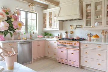 interior of a trendy pink kitchen. close up elements of modern kitchen shelves, sink. AI Generated.