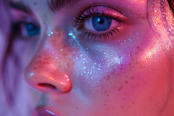 close up of a female eye with bright trendy make up . Make up for women, trendy cosmetics. Make up for parties. AI Generated	