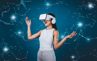 Female standing wear white VR headset and white suit connect metaverse, future technology create...