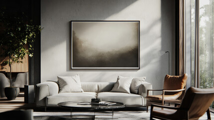 "Stock photo of a frame mockup in ISO A paper size, featuring a living room wall poster mockup. The interior includes a house background with modern design elements. 3D render."






