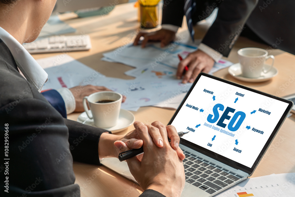 Poster seo search engine optimization for modish e-commerce and online retail business showing on computer 