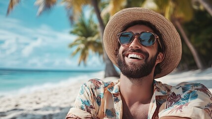 Happy man on vacation by the beach