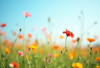 Naklejka premium Colorful wildflowers bloom in a sunny meadow during spring, showcasing a vibrant array of blossoms under a clear blue sky