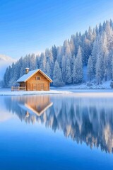 Fototapeta premium Idyllic wooden cabin on the shore of a frozen lake under frosty pine trees at dawn