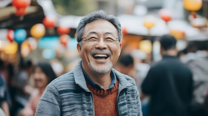 Fototapeta premium Happy mature asian man at outdoor festival