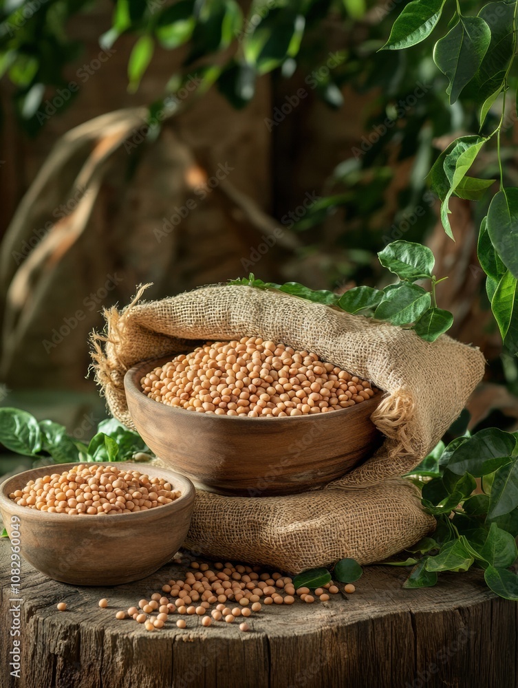 Poster bowls and sacks brim with lentils, beans, and chickpeas atop a rustic wooden table, creating a cozy,