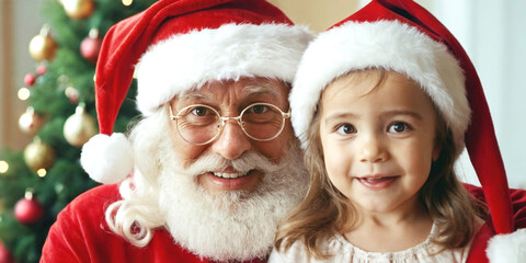 Happy Santa Claus grandpa with granddaughter a young child kid girl, brunette, caucasian, 3 or 4 years old, elderly man with grey beard and hair, smiling, in front of a christmas fir tree