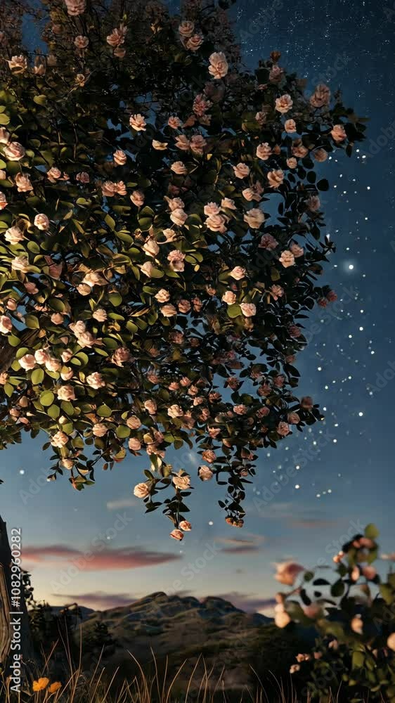 Poster the image captures a fully flowered rose tree at dusk