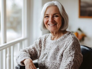 Happy older woman on stair lift with copy space