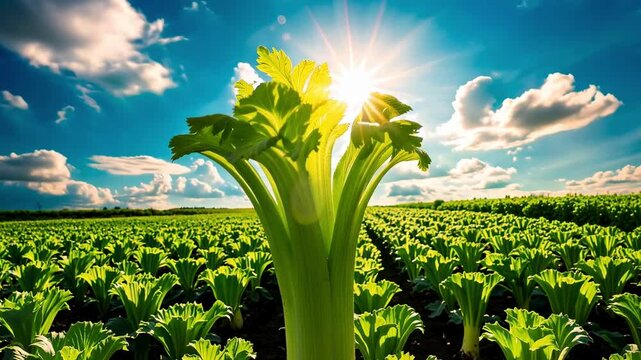 A stalk of celery is in the foreground of a field of green vegetables. The celery is surrounded by other vegetables, and the sky is blue with a few clouds