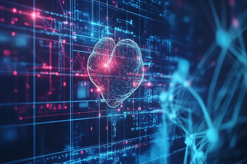 Abstract digital background on a medical theme, featuring futuristic elements and symbols related to healthcare and medicine.