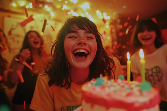 Teenagers laughing and celebrating in a colorfully decorated room with streamers, birthday cake on table, confetti in air, warm light, close-up 1