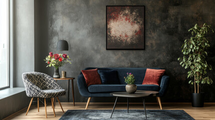 "Stock photo of a mockup frame placed on a table, surrounded by decor items."






