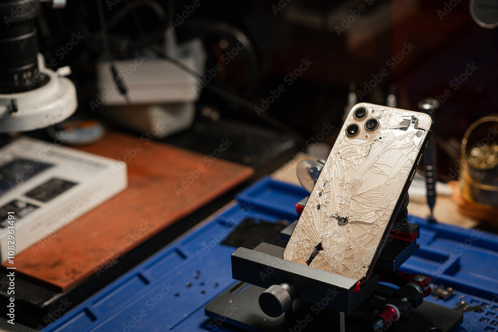Poster a broken smartphone being repaired in a phone service workshop during daylight hours
