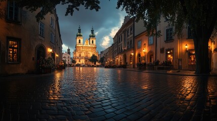 Obraz premium Evening Serenity: Panoramic View of St. Mary's Basilica from Florianska Street in Old Town Krakow, Poland
