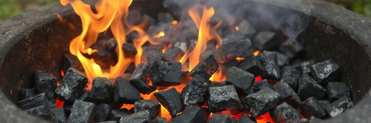 Burning charcoal and fiery flames in a barbecue grill pit, heat energy, firewood, smoldering
