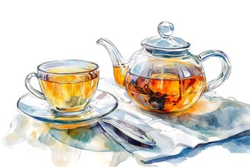 Watercolor set of glass teapot and cup of tea, sketch breakfast time art concept, vintage card of morning drink, tea time wallpaper, international world tea day 