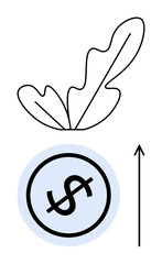 Leaf design and circular dollar sign linked with arrow. Ideal for finance, growth, sustainability, investment, economic development, prosperity, balance. Line metaphor