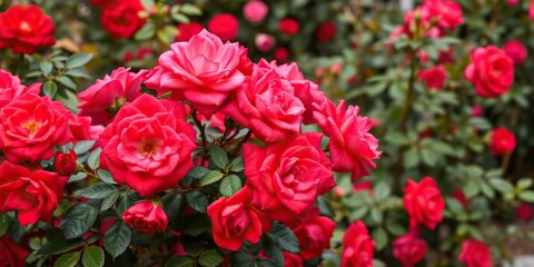 Bush of vibrant red rose flowers blooming in a summer garden, summer, botanical