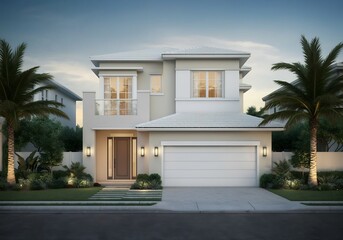 Front house exterior. Modern suburban home for village. Residential villa with door, garage and window design. Miami cottage with palm tree and balcony. Neighborhood family real estate graphic
