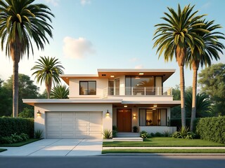 Front house exterior. Modern suburban home for village. Residential villa with door, garage and window design. Miami cottage with palm tree and balcony. Neighborhood family real estate graphic
