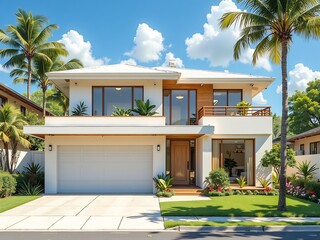 Front house exterior. Modern suburban home for village. Residential villa with door, garage and window design. Miami cottage with palm tree and balcony. Neighborhood family real estate graphic
