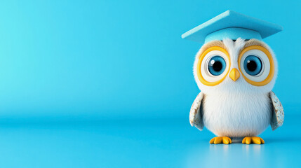 Obraz premium Cute illustration of a clever owl wearing a graduation hat against a blue background. Generative AI