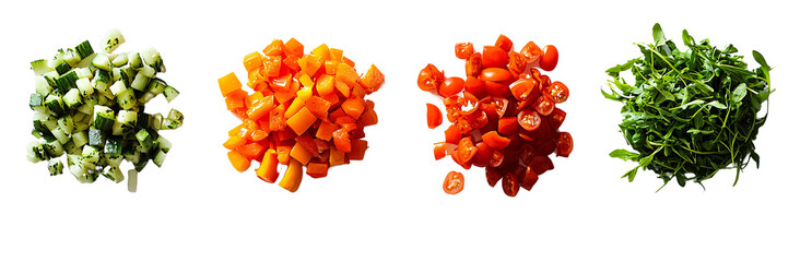 Freshly chopped vegetables including cucumber, butternut squash, cherry tomatoes, and arugula create vibrant and healthy display. isolated cut out png on transparent