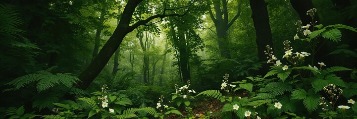 A gaming setup featuring a forest themed wallpaper with lush green trees, ferns, and delicate flowers, gamer, entertainment, gaming room